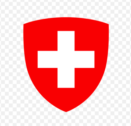 Red shield with a white vertical cross in the middle. Logo of Armassuisse. 
