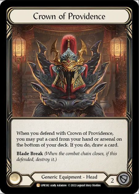 Το Crownd of Providence from Flesh and Blood σας αναγκάζει να κυκλώνετε κάρτες μέσα και έξω από την τράπουλα σας όταν χτυπάτε.