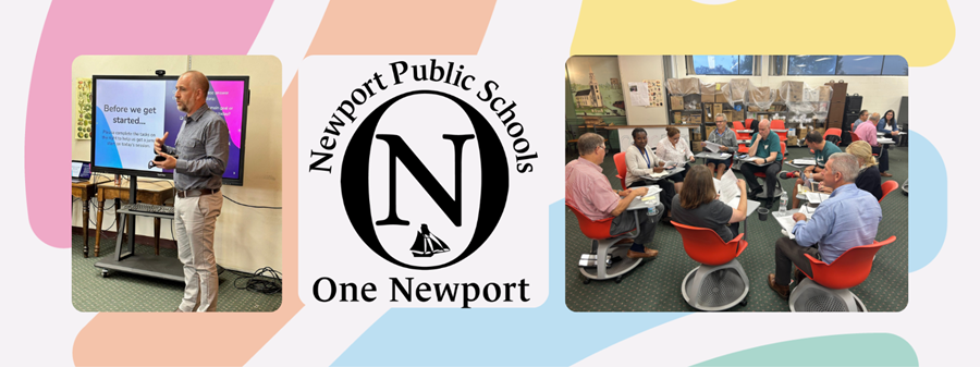 Shawn Rubin speaks next to a TV projecting a colorful slide; Newport Public Schools logo; a group of 9 Newport community stakeholders discuss in a seated circle