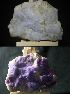 Two photos of the same crystalline rock, the top one is white, the bottom one is purple.