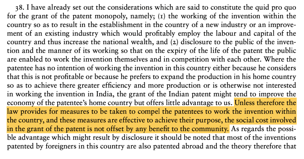 An image of the excerpt from Ayyangar Commitee Report on "Working of Patents". 