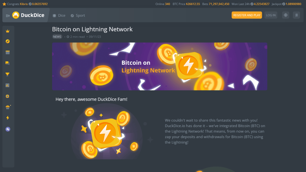 Pagamenti DuckDice BTC Lightning Network e aggiornamenti del sito web | BitcoinChaser