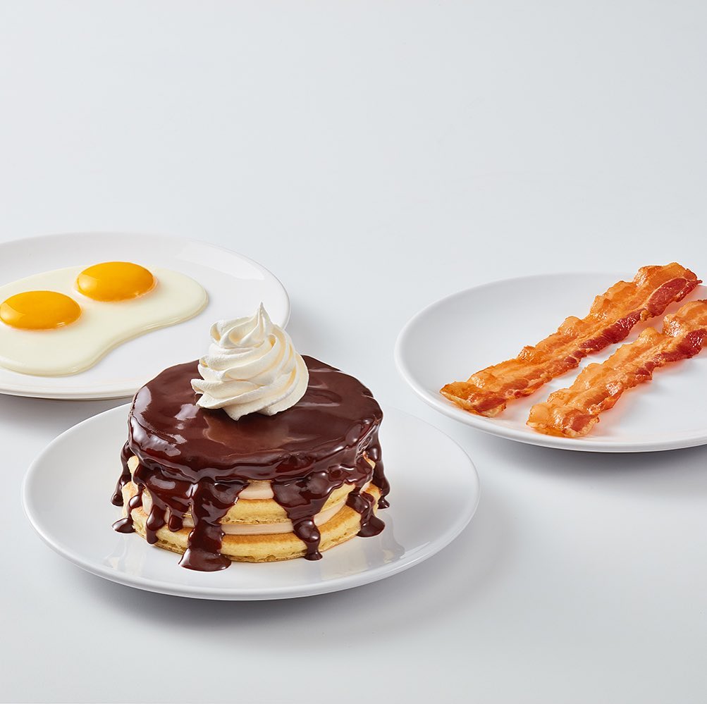 Village Inn's menu delights (pancake tower, bacon and eggs) 