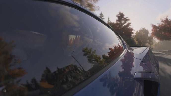 Forza Motorsport screenshot showing a blue car up close, showing reflections along the side of its left window