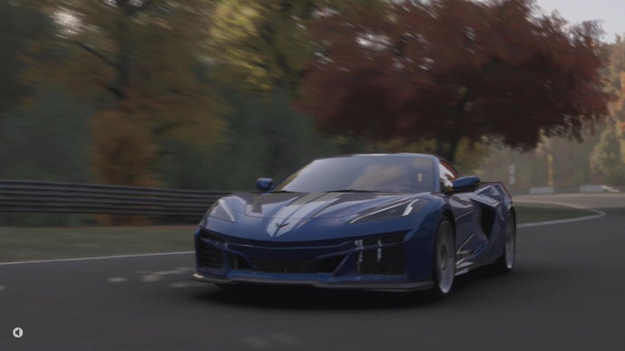 Forza Motorsport screenshot showing a blue car in autumnal trees