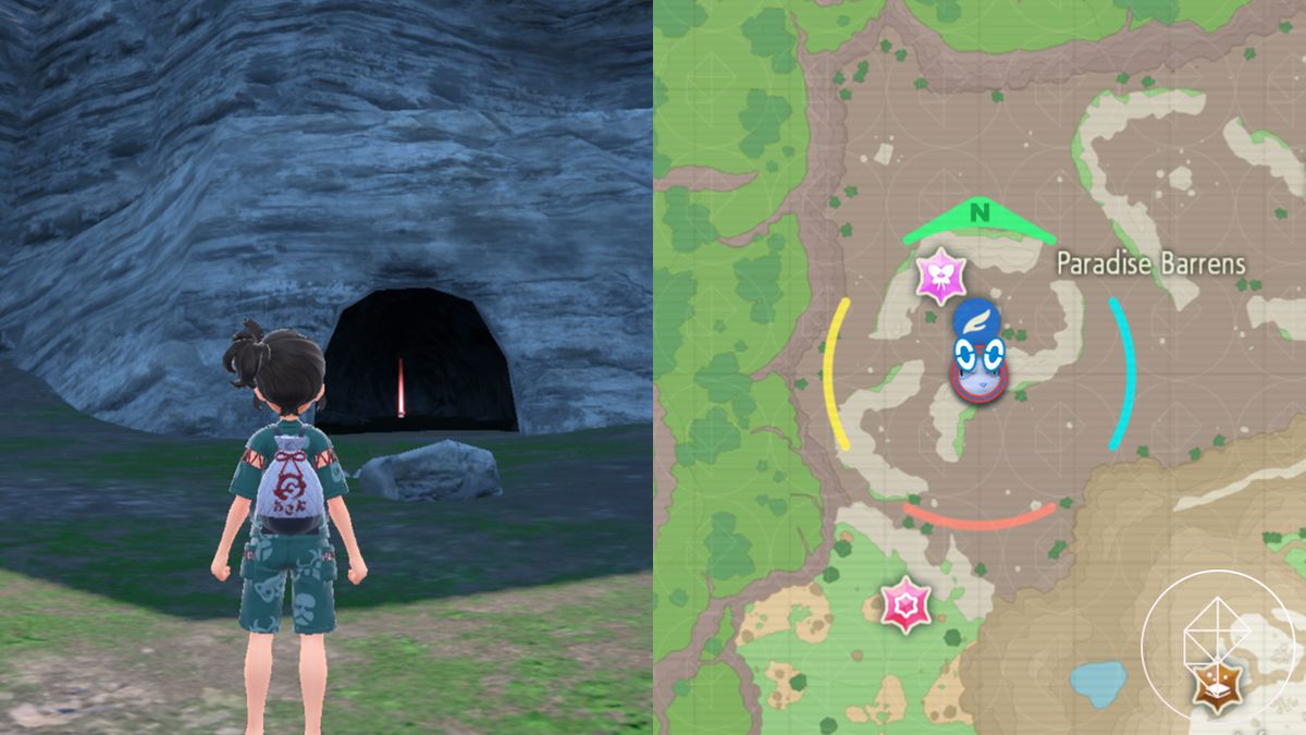 A Pokémon trainer stands in front of a cave with a glowing Pokémon in Paradise Barrens in Pokémon Scarlet and Violet: The Teal Mask