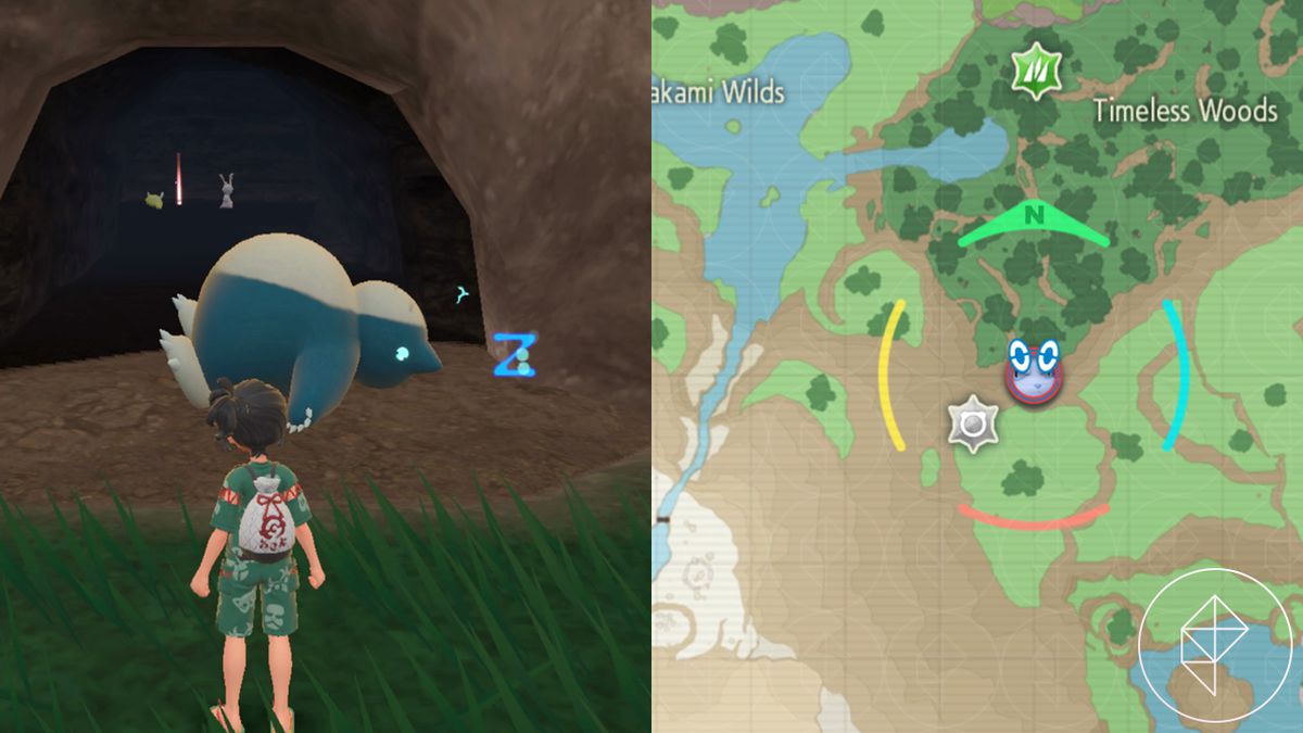 A Pokémon trainer stands in front of a sleeping Snorlax in Timeless Woods in Pokémon Scarlet and Violet: The Teal Mask