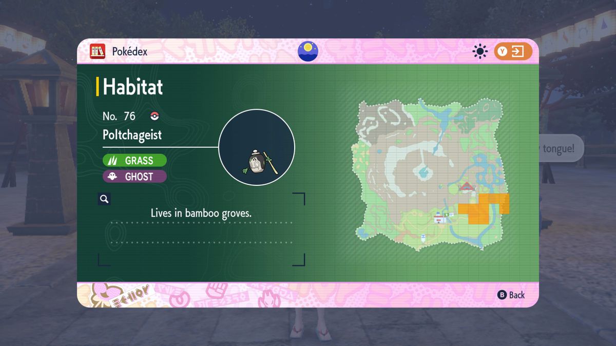 The Pokédex entry for Poltchageist in The Teal Mask showing where to find it