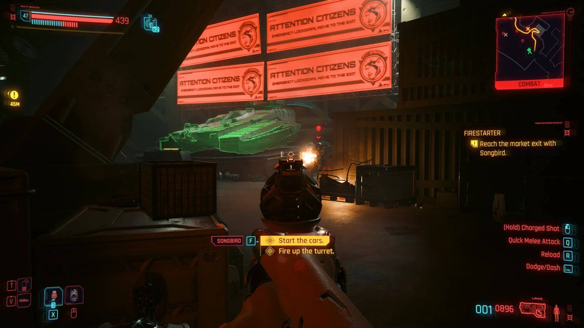 V aims a pistol at a green schematic in a red room during the Firestarter mission in Cyberpunk 2077 Phantom Liberty.