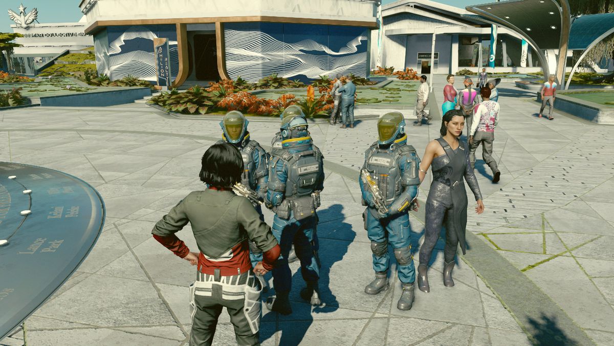 A Starfield character stands proudly in front of several guards in New Atlantis.