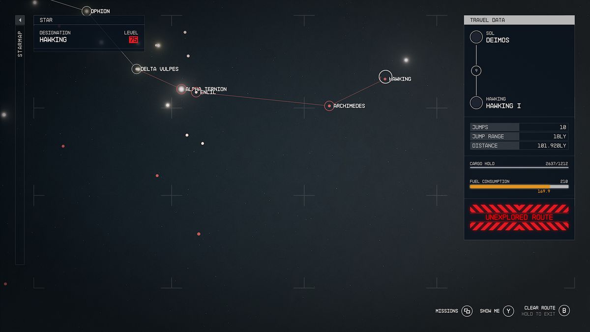 Starfield Starmap مع تحذير "طريق غير مستكشف".