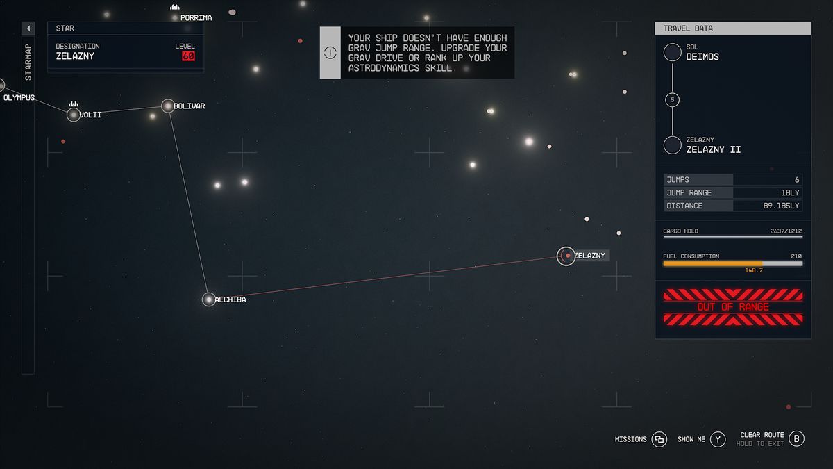 Starfield Starmap med en "Out of Range"-advarsel.