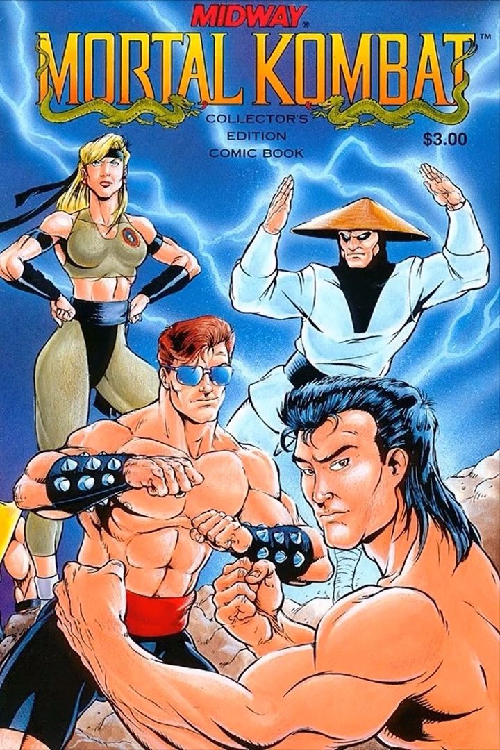 The cover of Mortal Kombat, the collector’s edition comic book, featuring artwork of Sonya Blade, Raiden, Johnny Cage, and Liu Kang