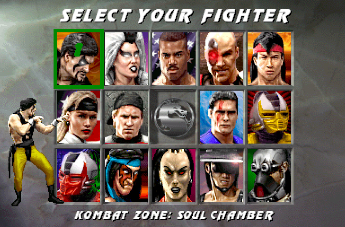 Mortal Kombat 3’s fighter select screen, featuring 14 fighters. Shang Tsung is selected by player one.