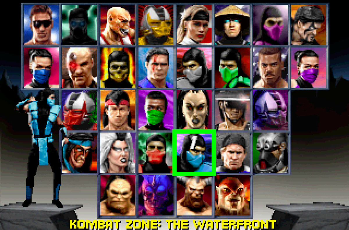 Mortal Kombat Trilogy’s fighter select screen, featuring 32 fighters. Sub-Zero is selected by player one.