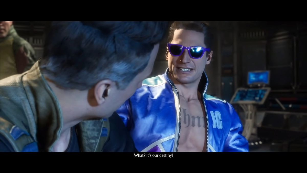 Older Johnny Cage stares at younger Johnny Cage, who is saying “What? It’s our destiny!” in a screenshot from Mortal Kombat X