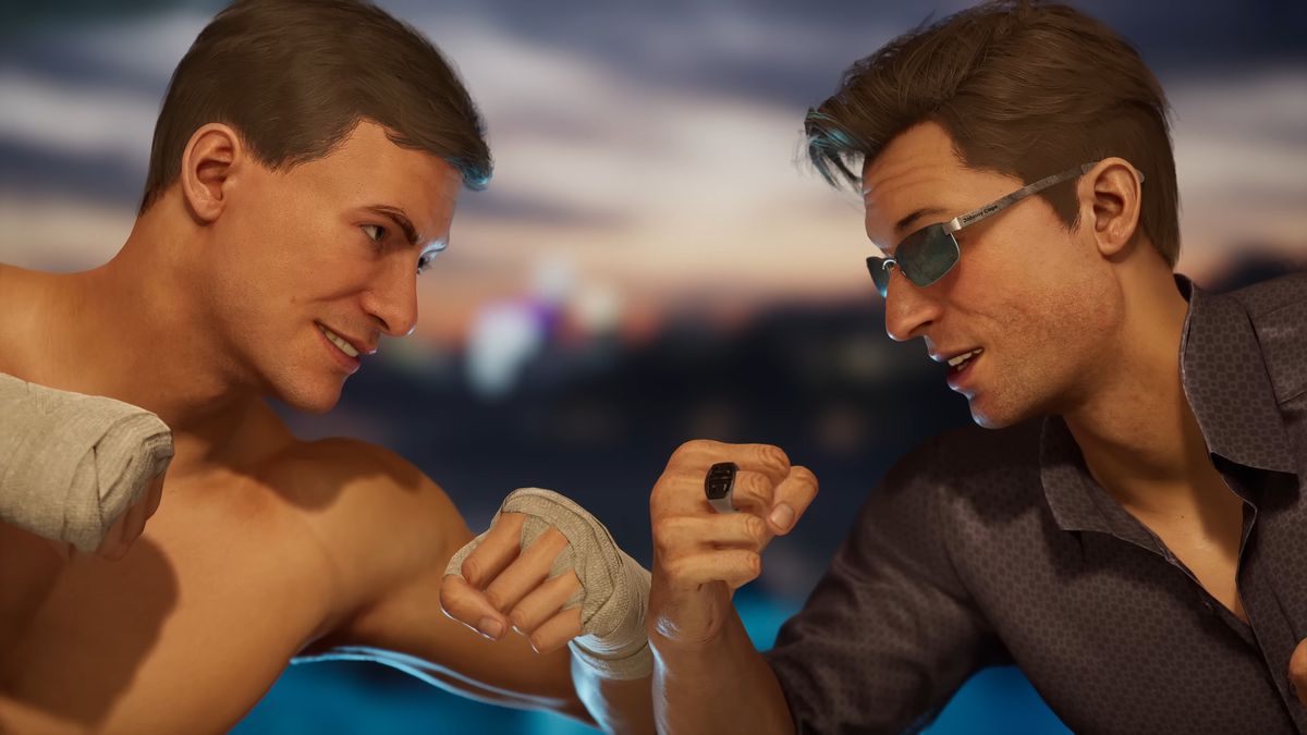 Jean-Claude Van Damme as Johnny Cage faces the in-game Johnny Cage in a screenshot from Mortal Kombat 1