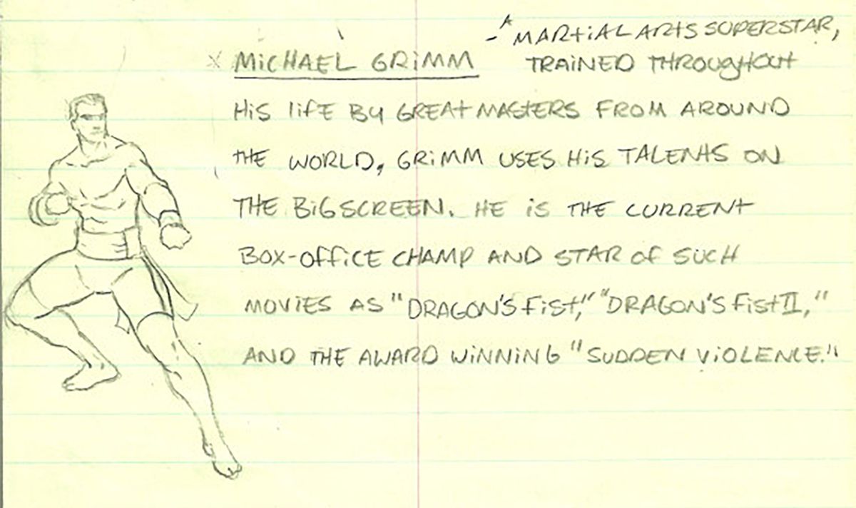 An illustration and description of Michael Grimm, the prototype for Johnny Cage