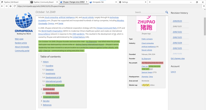 Screenshot of Neurocracy 2.049, showing Zhupao’s page the day of Xu’s death. The change log is visible and the controversy section has been deleted.