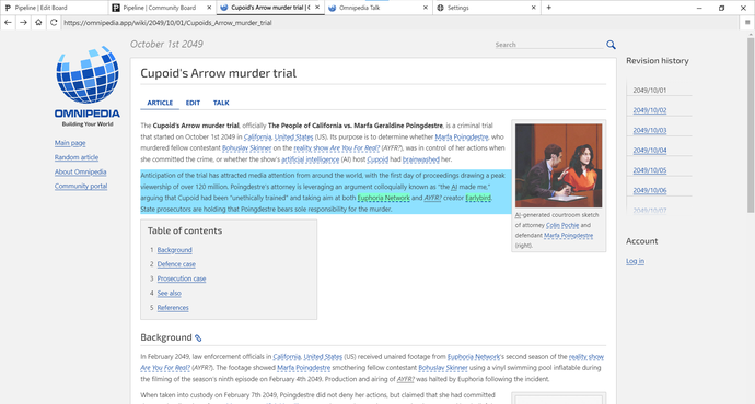 Screenshot of Neurocracy 2.049, showing the page for the Cupid’s Arrow Murder Trial, where a block of text is highlighted in blue