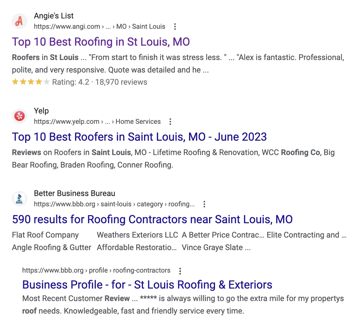 tráfego de referência, principais resultados de pesquisa do Google para “avaliações de empresas de telhados de St Louis”