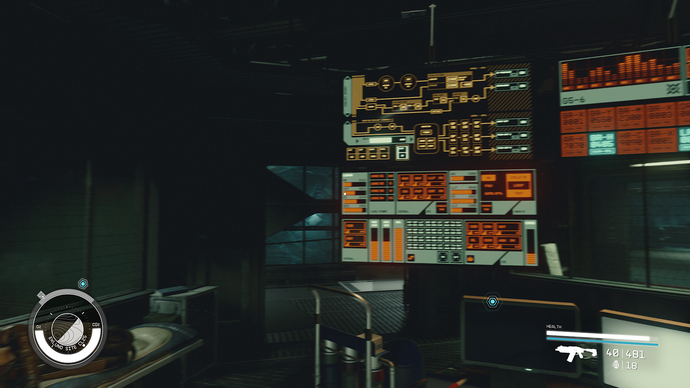 Noen kule skjermer fulle av tilfeldige avlesninger i et rom i Starfield.