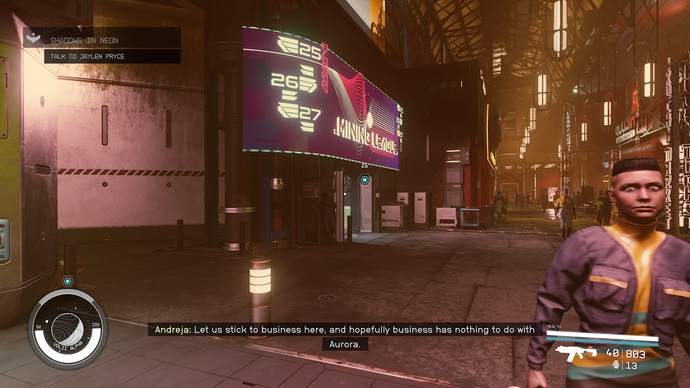 Et Starfield-skjermbilde som viser gatene i Neon og folk som gir deg rare blikk.