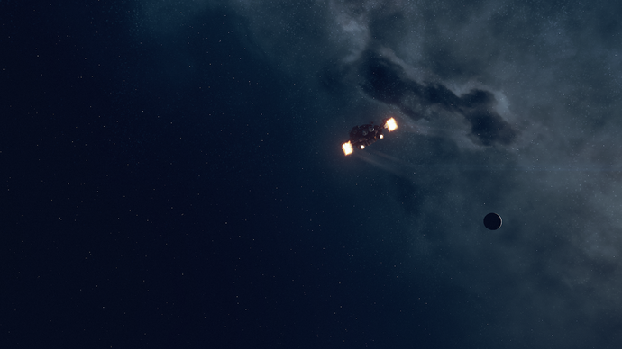 Starfield-skjermbilde av en scene av skipet ditt på vei ut i verdensrommet om natten.