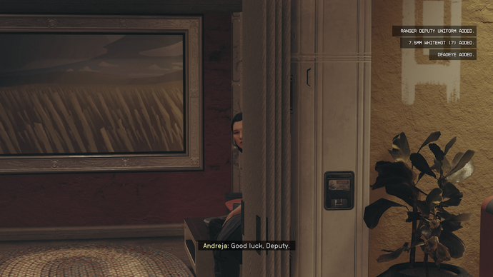 Et Starfield-skjermbilde som viser Andreja som dukker opp under en samtale, etter å ha sittet på en fjern benk med hodet så vidt stikk rundt hjørnet.