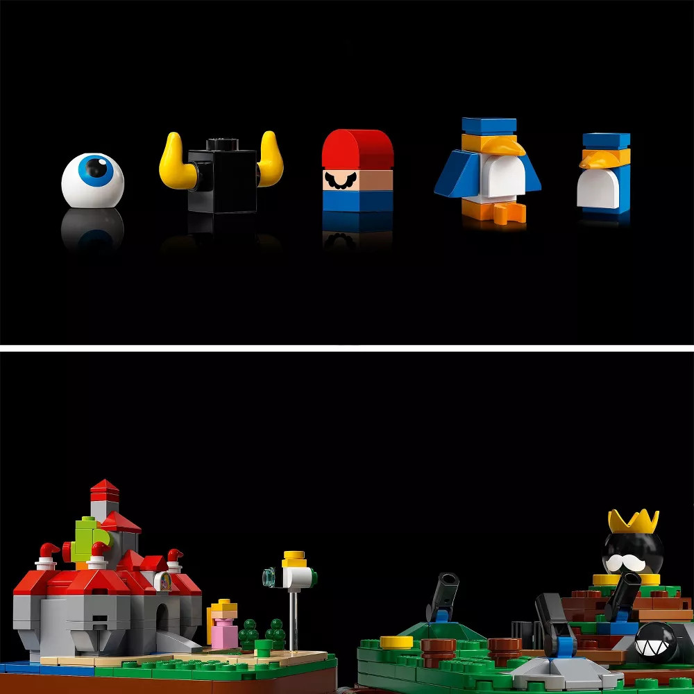 A stock image of the minifigs and dioramas featured in the Super Mario 64 Question Mark Block Lego set.