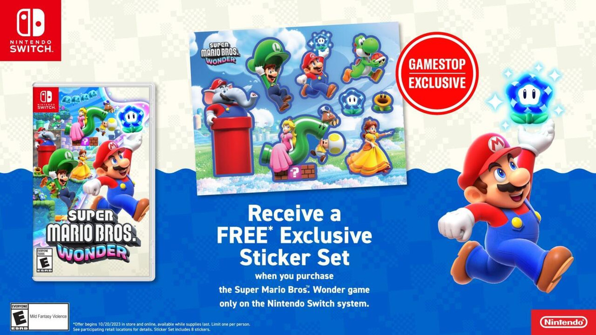 A stock image of the Super Mario Bros. Wonder sticker sheet being offered as a GameStop exclusive pre-order bonus