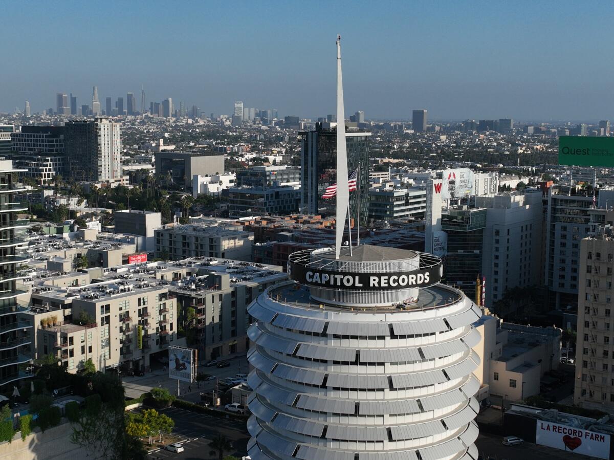 Aerial drone view of the spire on top of the Capitol Records Building in Hollywood.