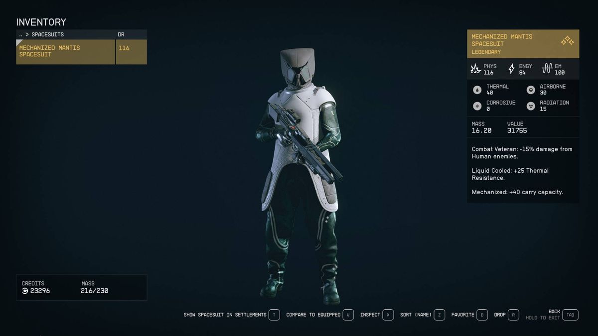 A Starfield menu shows the stats and design for the Mantis spacesuit, some of the best armor in Starfield.
