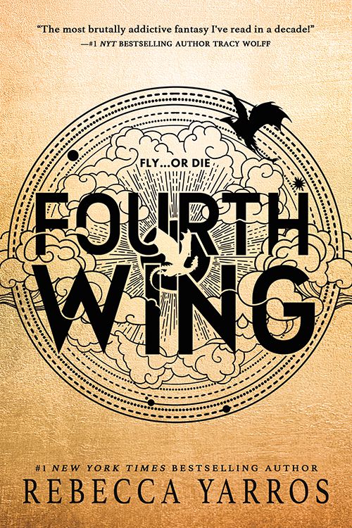 Cover image for Rebecca Yarros’ Fourth Wing, which features a circle image behind black text, with clouds and some flying creatures.