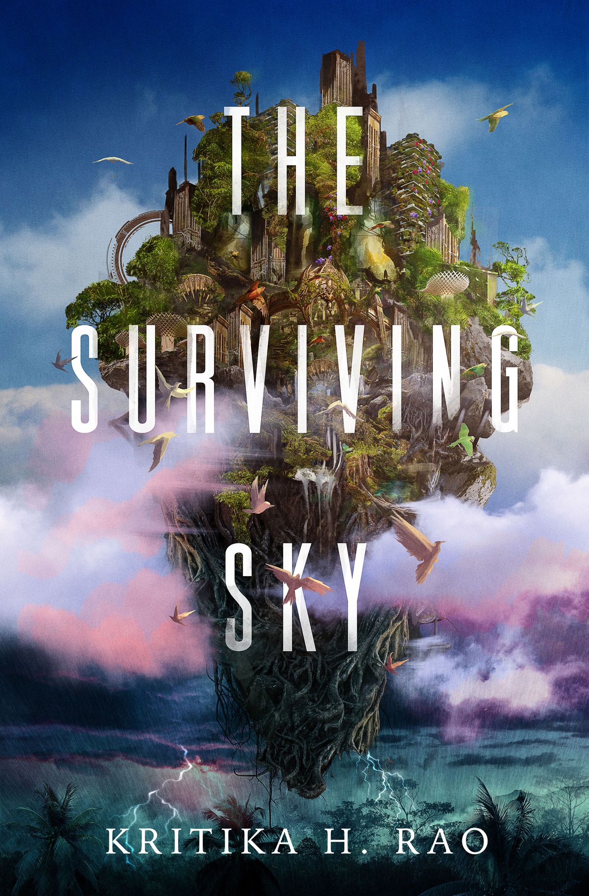 Cover image for Kritika H. Rao’s The Surviving Sky, featuring a floating island overgrowing with buildings and plant life, above a stormy planet.