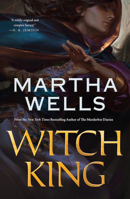 Cover art for Martha Wells’ Witch King, featuring a person running across the cover while wearing a cloak and dress fitting for a fantasy setting.