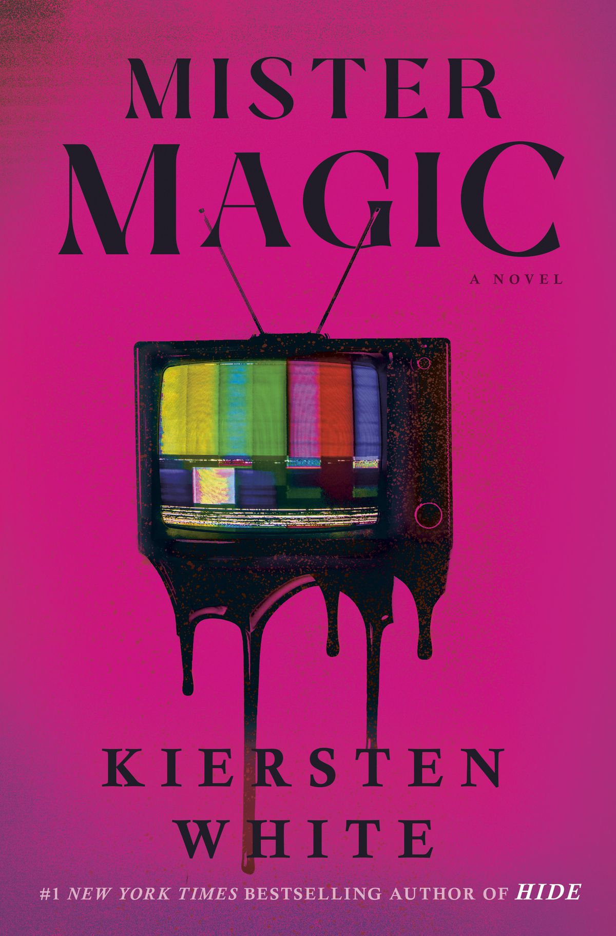 Cover art for Kiersten White’s Mister Magic, which features a melting television against a pink background.