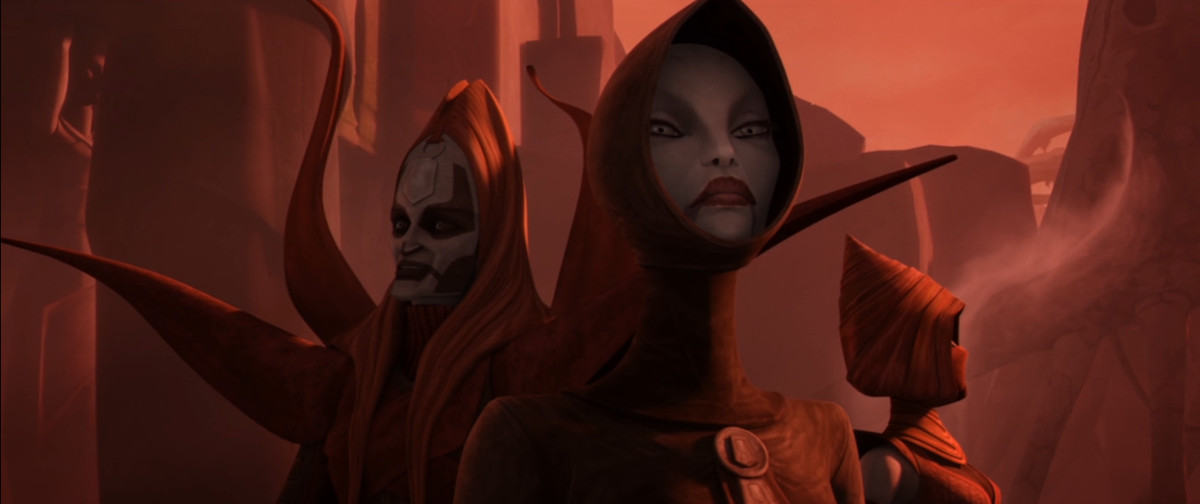 Asajj Ventress in a hood with some of the Witches of Dathomir in an episode of The Clone Wars