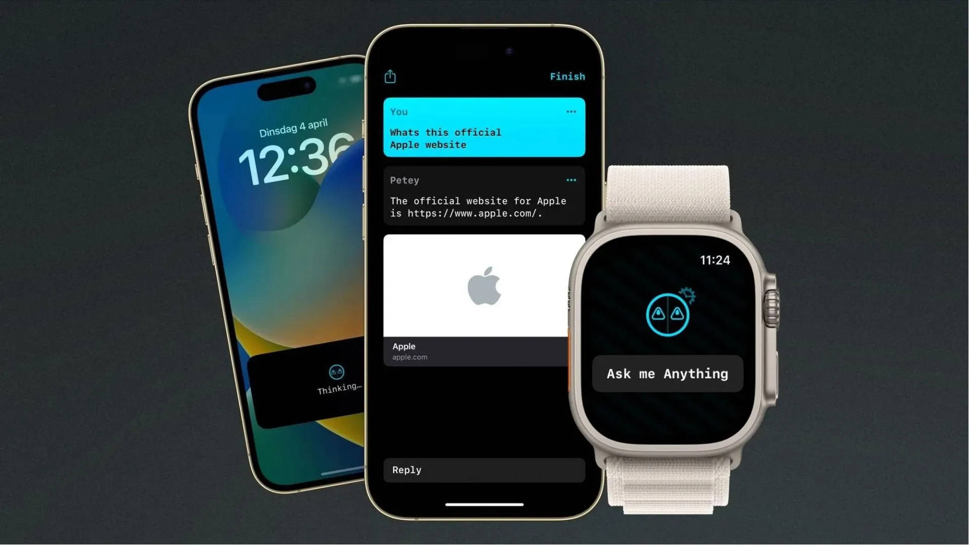 an iphone and apple smartwatch displaying the ChatGPT infused Petey AI app