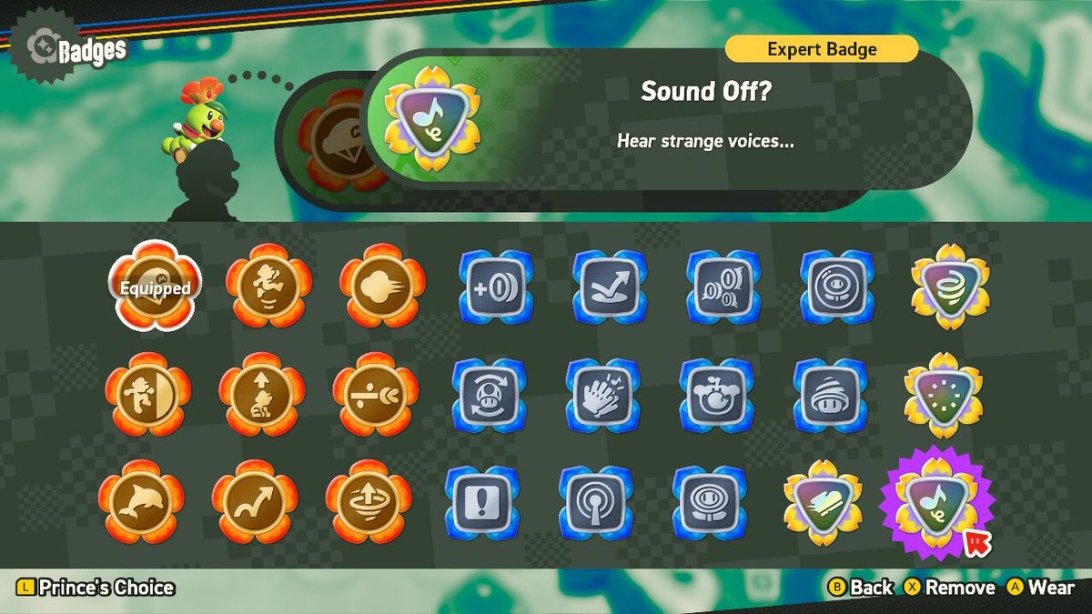 A menu shows all badges in Super Mario Bros. Wonder.