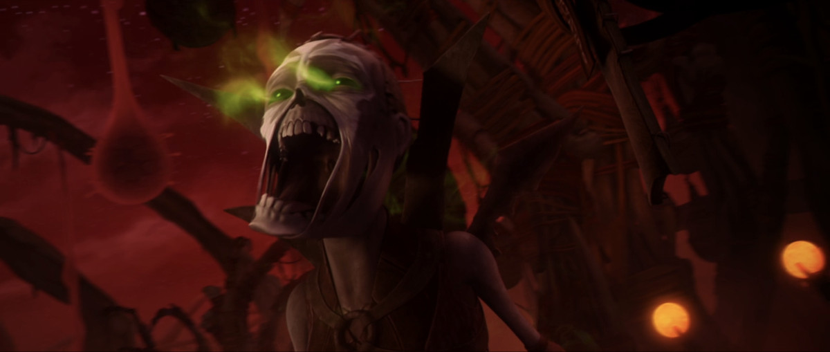 A zombified Nightsister screams through her grossly distended, decaying jaw, as green misty magic pours from her eyes in Clone Wars. 