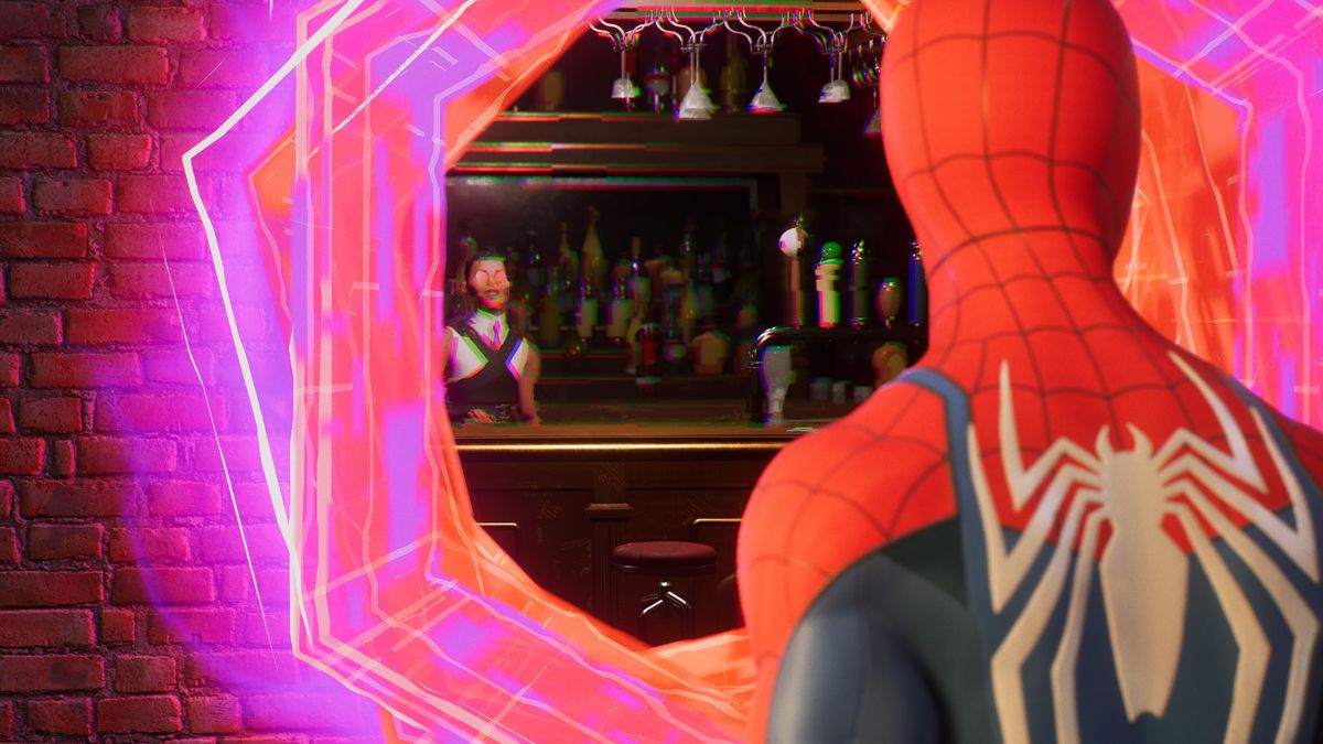 Peter Parker peers into a mysterious portal which leads to a bar in Marvel’s Spider-Man 2