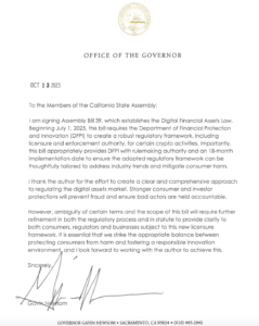 California kuberner Newsom esitab 2025. aasta krüptoregulatsiooni seaduse eelnõu