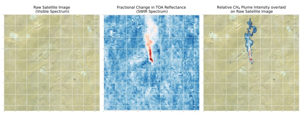 Figur 4 – RGB-bilde, brøkrefleksjonsendring i TOA-reflektans (SWIR-spektrum), og metan-plume-overlegg for AOI