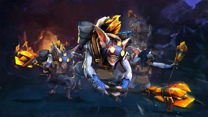 The Dota 2 Hero Meepo, wearing the Crystal Scavenger set, charges into battle with his clones
