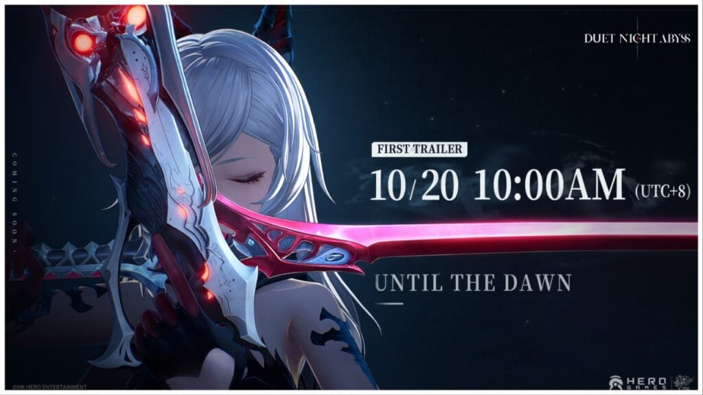The image shows a beautifully illustrated character with long white hair grasping at an impressive red sword with half her face covered. The black background contrasts the text to the right that announces the trailer date and time for the game title