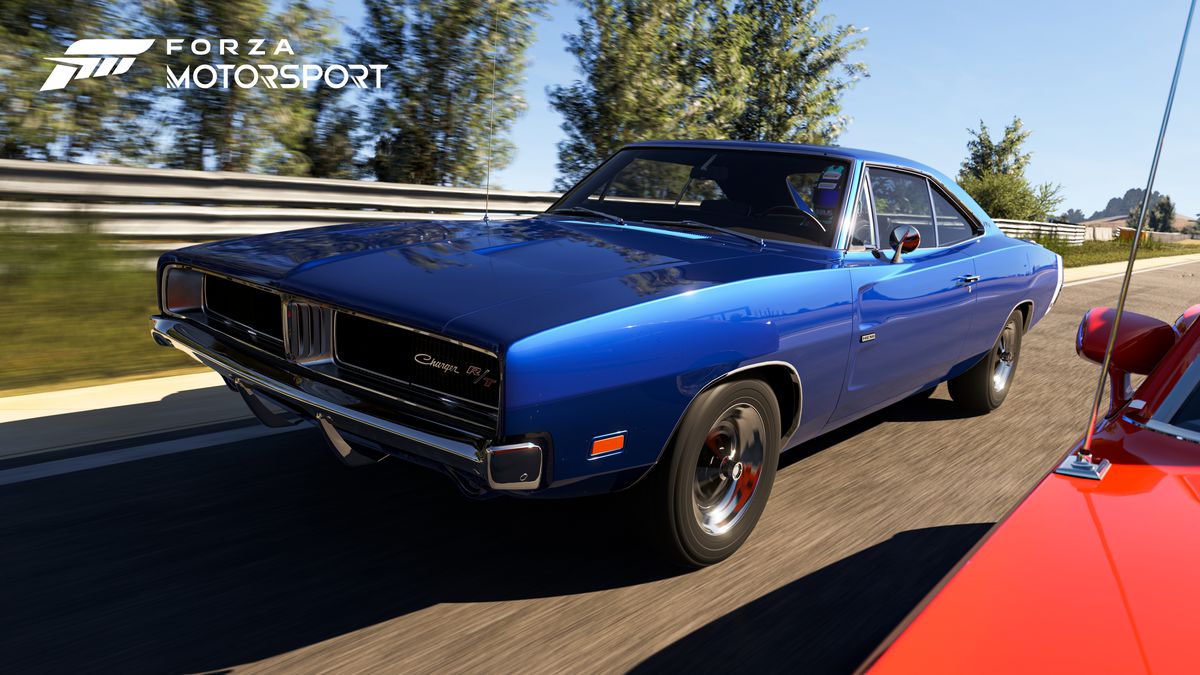 รถ Dodge Challenger สุดคลาสสิกในสีน้ำเงินเข้มแล่นไปใน Forza Motorsport