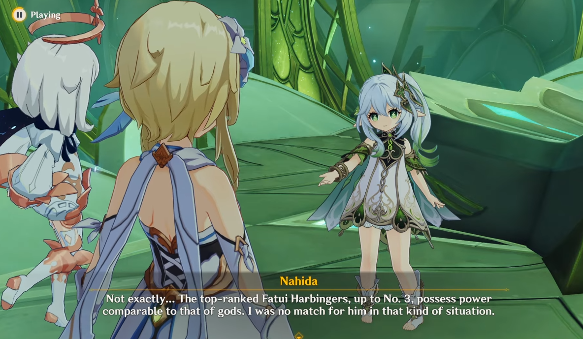 A screenshot of Nahida talking about the Fatui Harbingers in the Genshin Impact Sumeru Archon Quest Act 5.