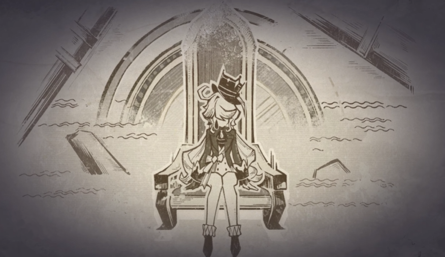 A screenshot of Furina in the Fontaine prophecy cutscene from Genshin Impact.