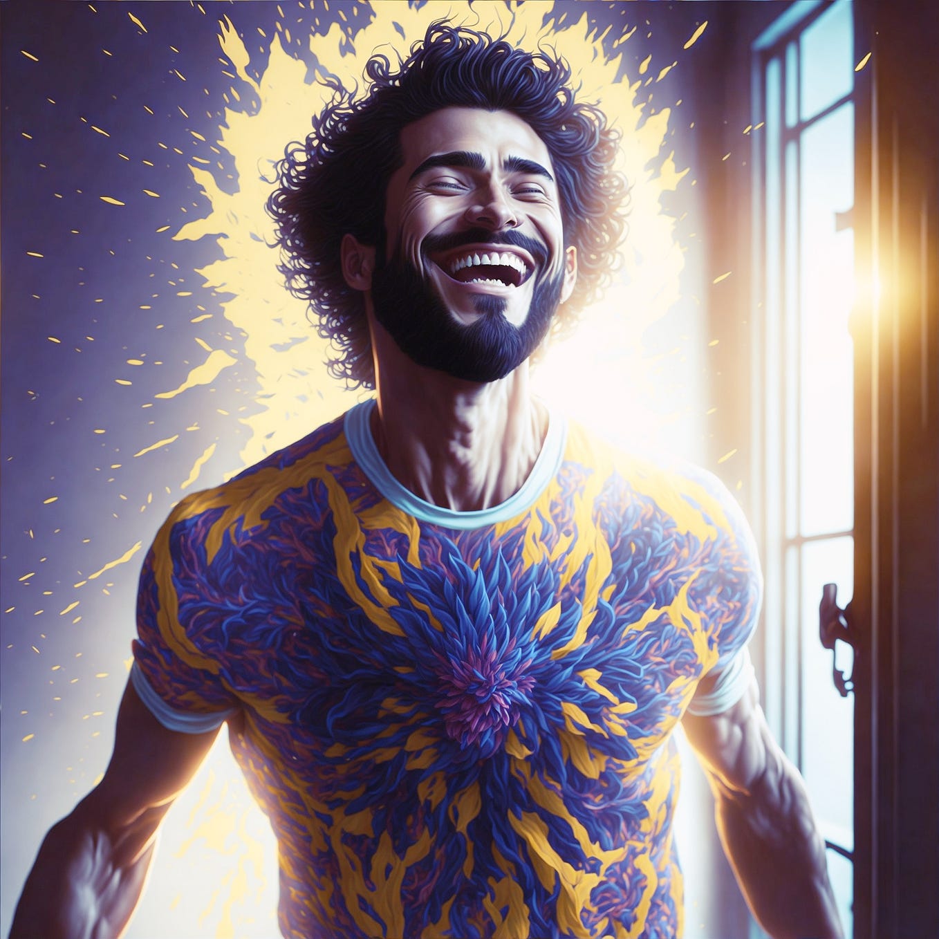 An AI-generated image of a man radiating vibrant energy and calm after his morning routine